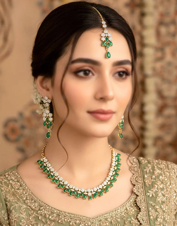 Zircon-studded bridal jewellery set with necklace, earrings and jhumar