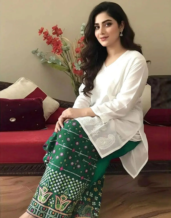 Trendy 2-Piece Embroidered Cotton Lawn Dress with Green Phulkari Embroidered Trouser