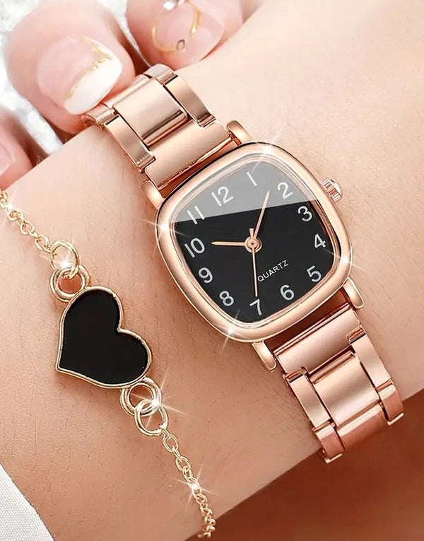 2-Pcs Rose Gold Ladies Watch & Heart Design Bracelet Gift Set