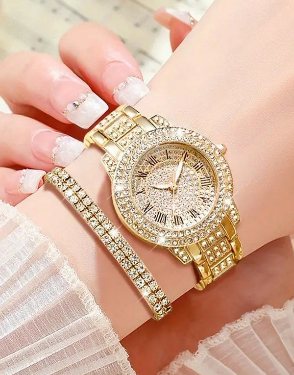 2-Pcs Elegant Women's Round Dial Watch and Sparkling Bracelet Set - Golden