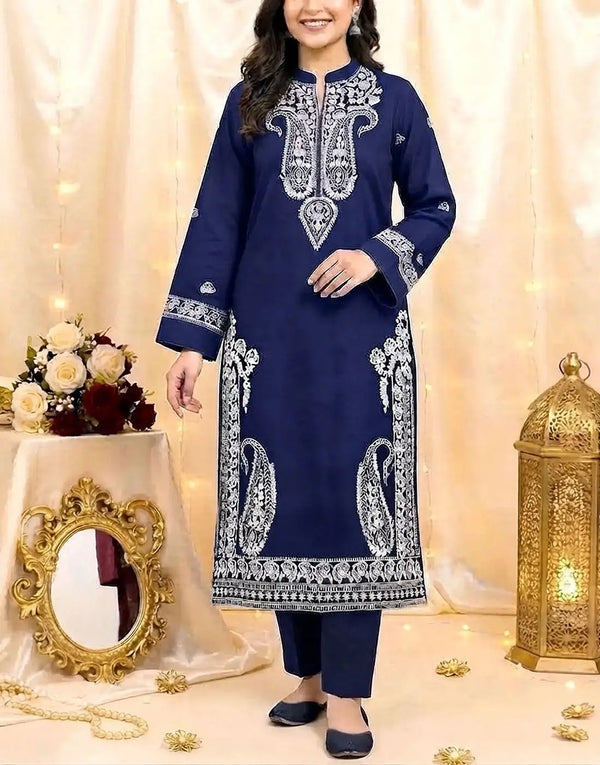 Decent 2-Piece Kashmiri Embroidered Khaddar Winter Dress for Girls