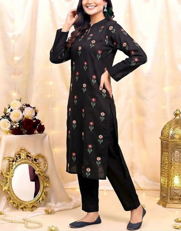 Elegant 2-Piece Multicolor Floral Booti Embroidered Khaddar Dress for Girls