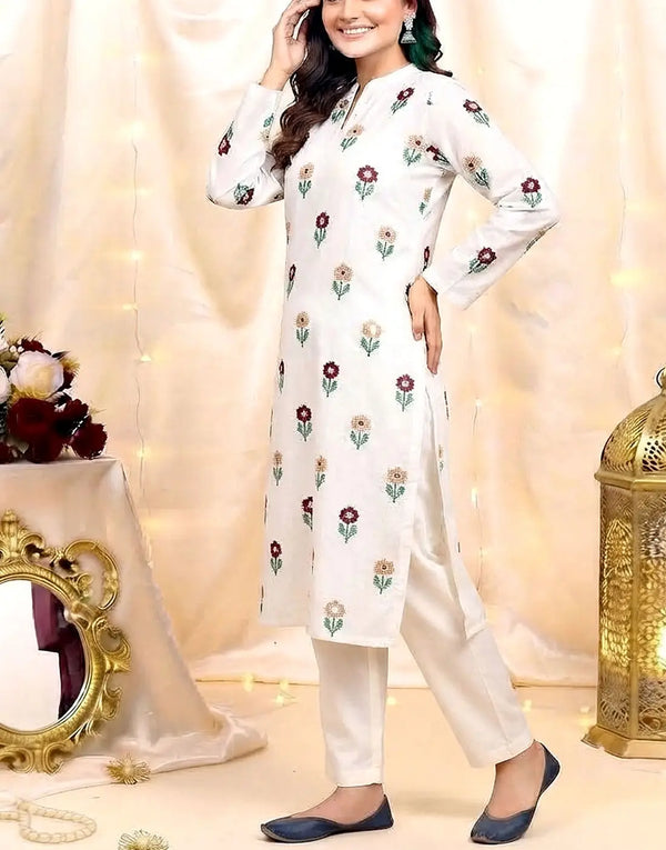 Elegant 2-Piece Multicolor Floral Booti Embroidered Khaddar Dress for Girls