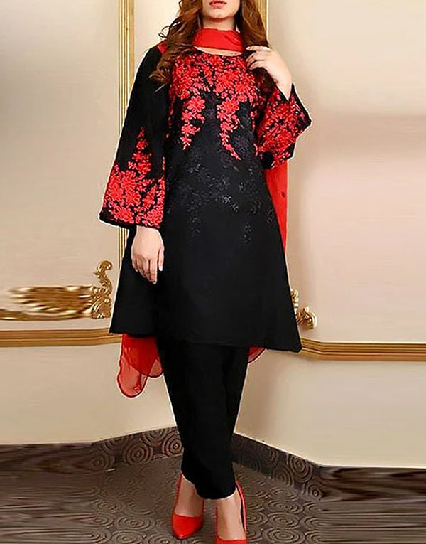 Trendy 2-Piece Embroidered Black Lawn Dress