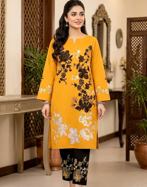 Adorable Mustard Yellow 2-Piece Embroidered EID Lawn Dress for Girls