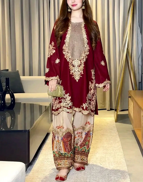 Trendy 2-Piece Embroidered Silk Dress for Girls - Most Viral Design