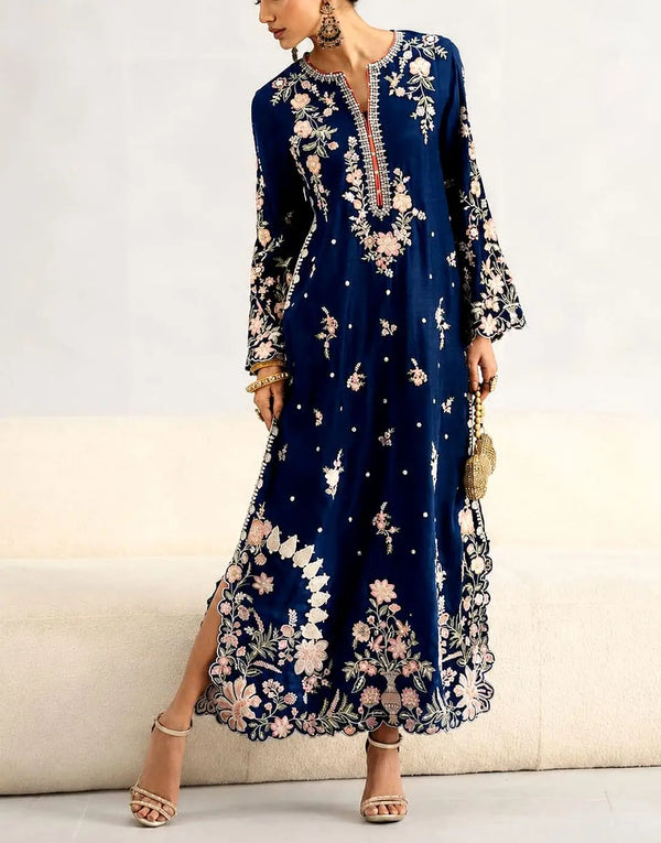Trendy 2-Piece Embroidered Navy Blue Silk Kaftan Dress for Girls