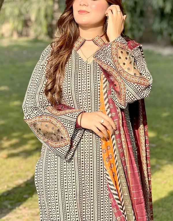 All-Over Printed 3-Piece Lawn Dress Design with Printed Lawn Dupatta