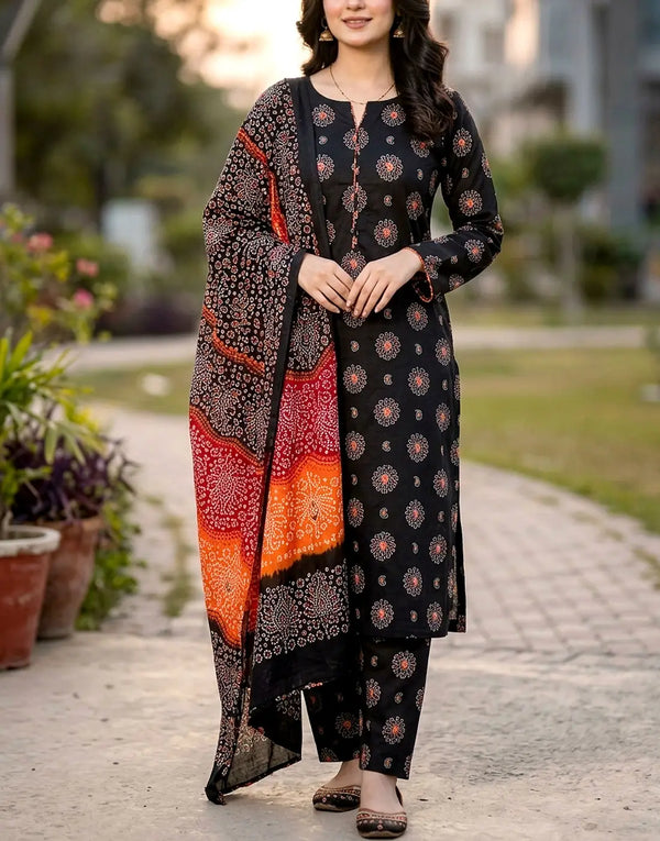 SALE—All-Over Printed 3-Piece Black Lawn Dress Design with Printed Lawn Dupatta