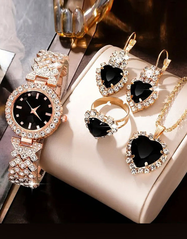 5-Pcs Glittering Women's Fashion Watch & Heart Shaped Black Stone Jewelry Set