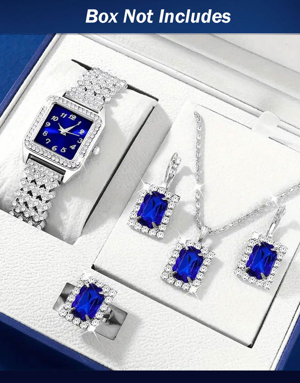 5-Pcs Luxe Women's Royal Blue Dial Watch & Faux Stone Jewellery Set