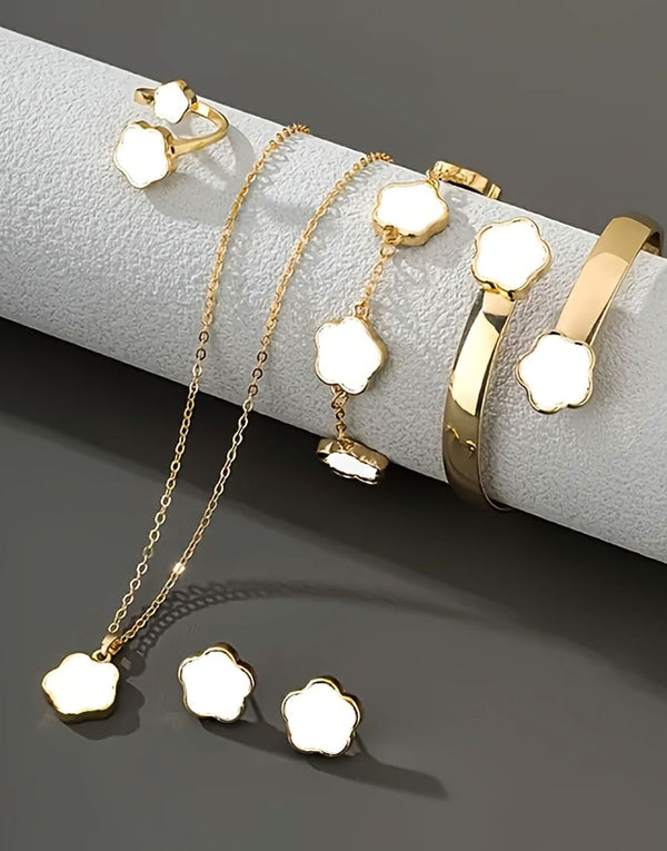 5-Piece White Five Leaf Clover Design Jewelry Set includes Bracelet, Earrings, Kara, Necklace & Ring