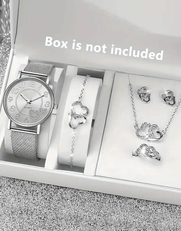 6-Pcs Women's Round Alloy Case Quartz Watch with Heart Shaped Jewellery Set