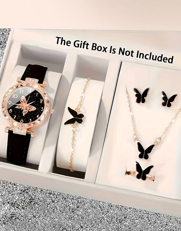 6-Pcs Women's Fashionable Quartz Watch & Butterfly Shaped Jewellery Set