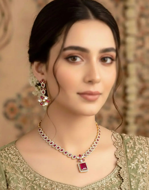 Adorable Zircon Studded Bridal Necklace with Earrings