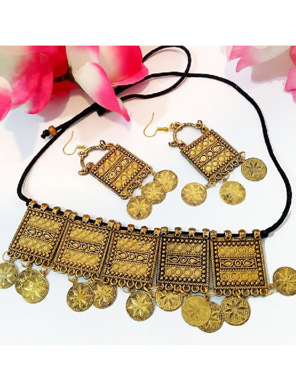 Antique Afghani Coin Choker Necklace with Earrings