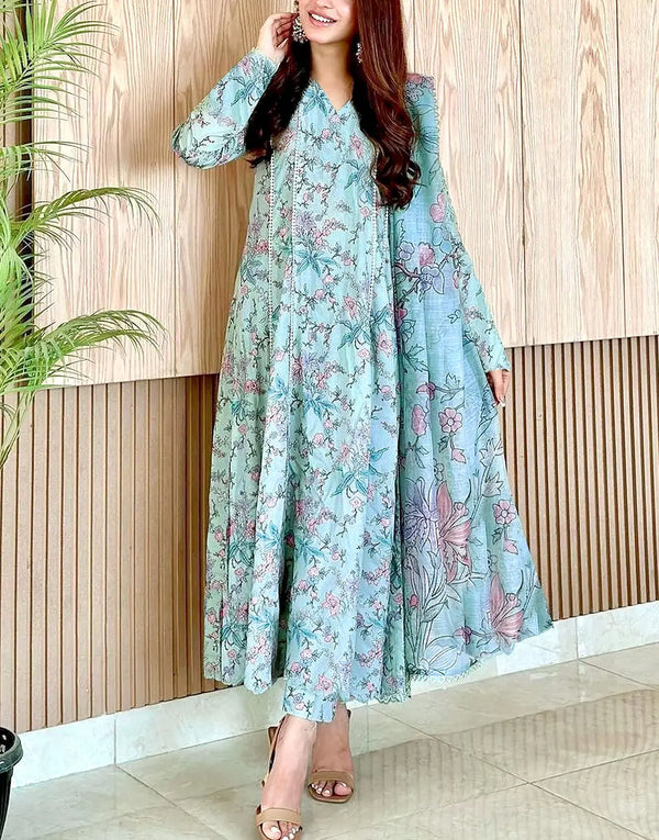 IB Bonanza All-Over Digital Print 3-Piece Linen Dress with Linen Dupatta
