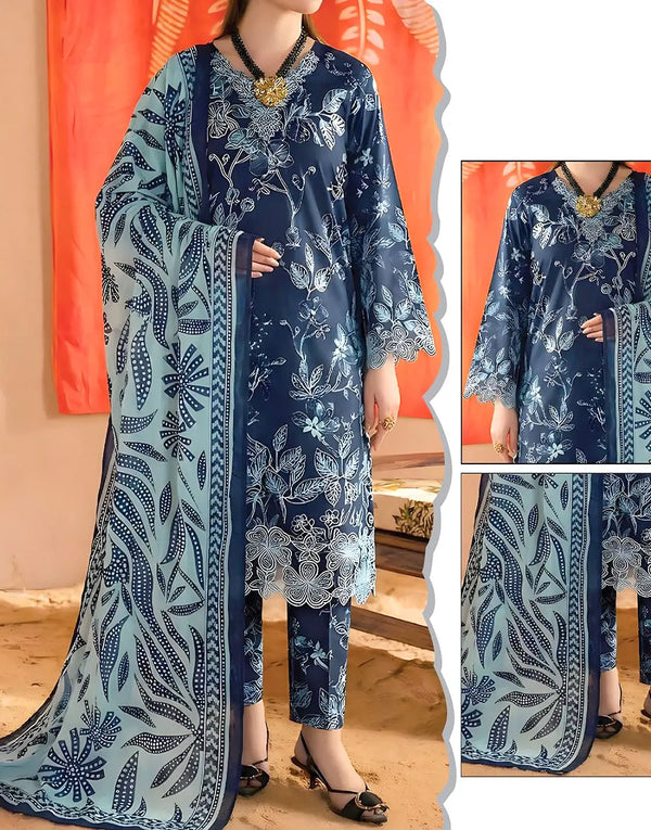 Trendy All-Over Print Embroidered EID Lawn Suit with Emb. Chiffon Dupatta