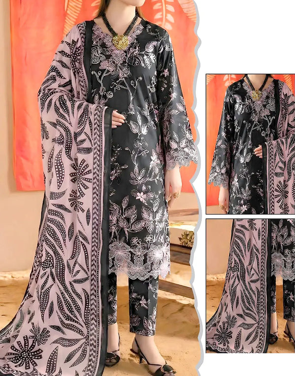 Trendy All-Over Print Embroidered EID Lawn Dress with Emb. Chiffon Dupatta