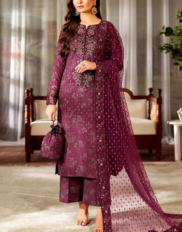All-Over Print Sequins Embroidered Maroon Lawn Dress with Chiffon Dupatta