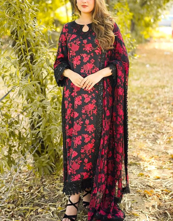 Aneela's All-Over Print Black Embroidered EID Lawn Dress with 4-Side Emb. Chiffon Dupatta