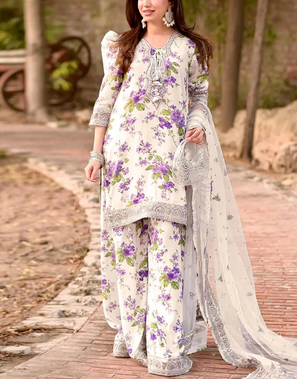 All-Over Print Embroidered EID Lawn Dress with Emb. Chiffon Dupatta