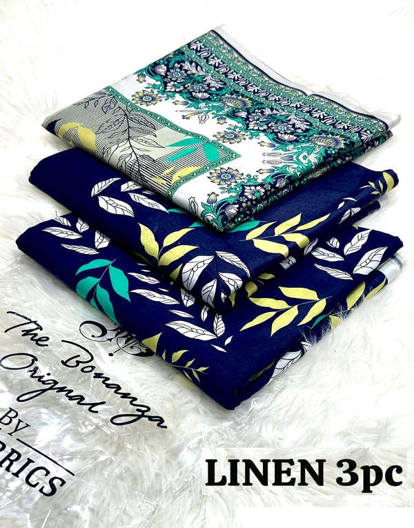 IB Bonanza All-Over Digital Print 3-Piece Linen Dress with Linen Dupatta