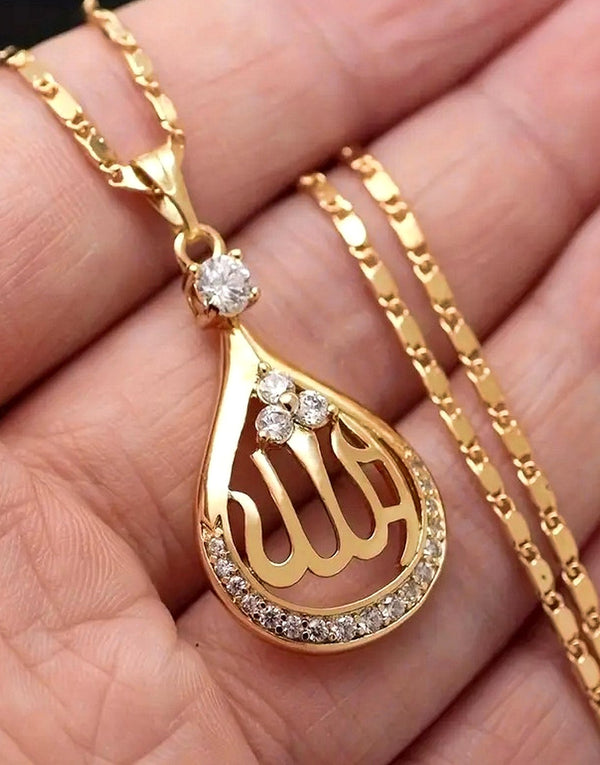 Gold Plated Allah Name Teardrop Pendant Necklace Men & Women