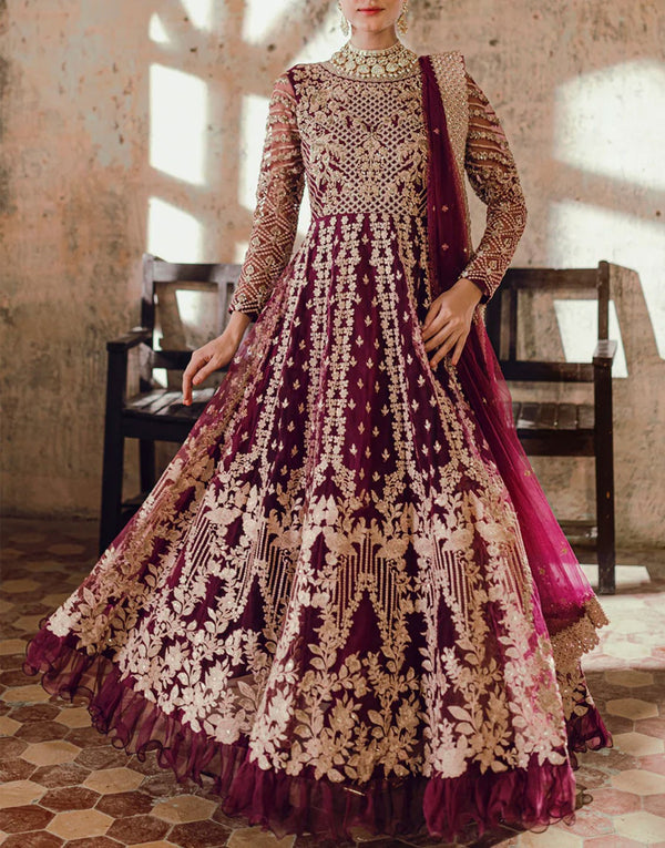 Azure Luxury Embroidered Bridal Net Maxi Dress | Parisa