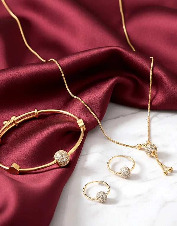 Minimalist Ball Shaped Zircon Pendant, Earrings & Bangle Set for Girls