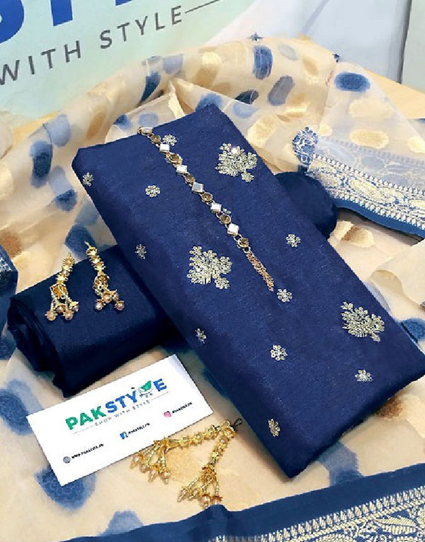 Banarsi Style Embroidered Raw Silk Dress with Organza Jacquard Dupatta