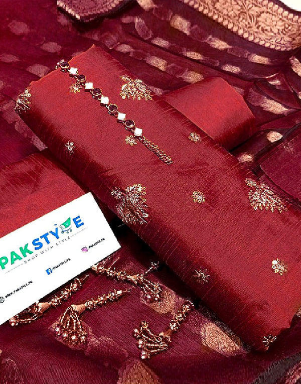 Banarsi Style Embroidered Raw Silk Dress with Organza Jacquard Dupatta