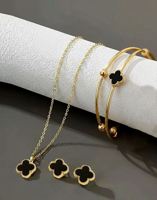Elegant 4 Leaf Clover Jewelry Set with Necklace, Bracelet & Earrings