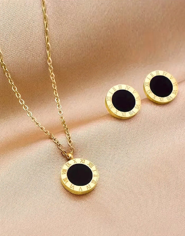 Designer-Inspired Stainless Steel Roman Numeral Pendant with Earrings