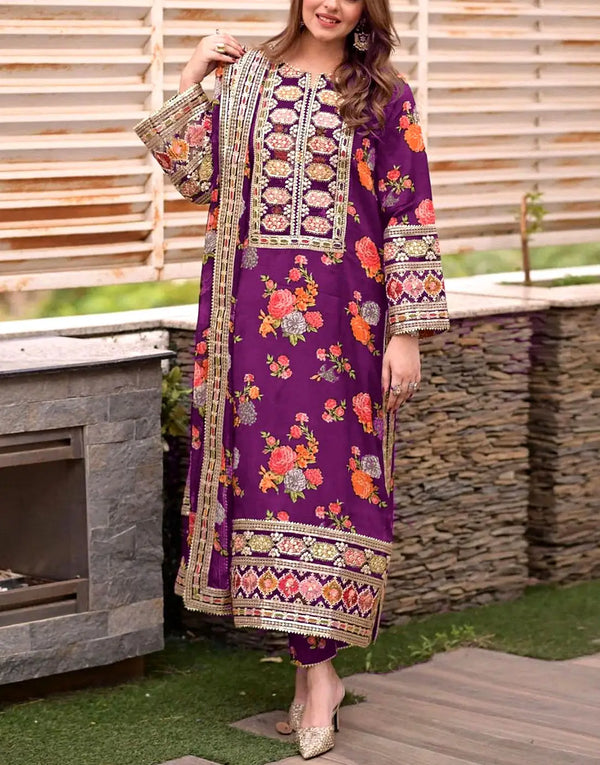Aneela's Digital Print Embroidered Purple Silk Party Wear Dress - Most Demanding Design