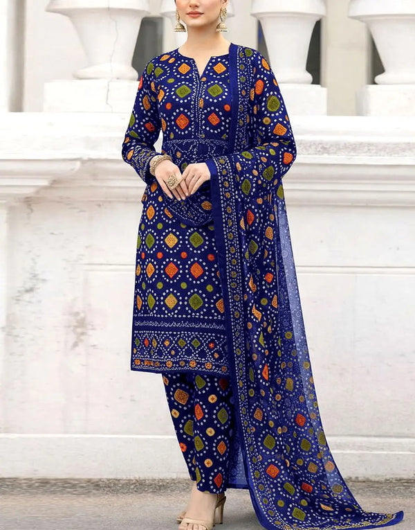 Stylish All-Over Digital Chunri Print Blue Lawn Suit for Daily and Party Use