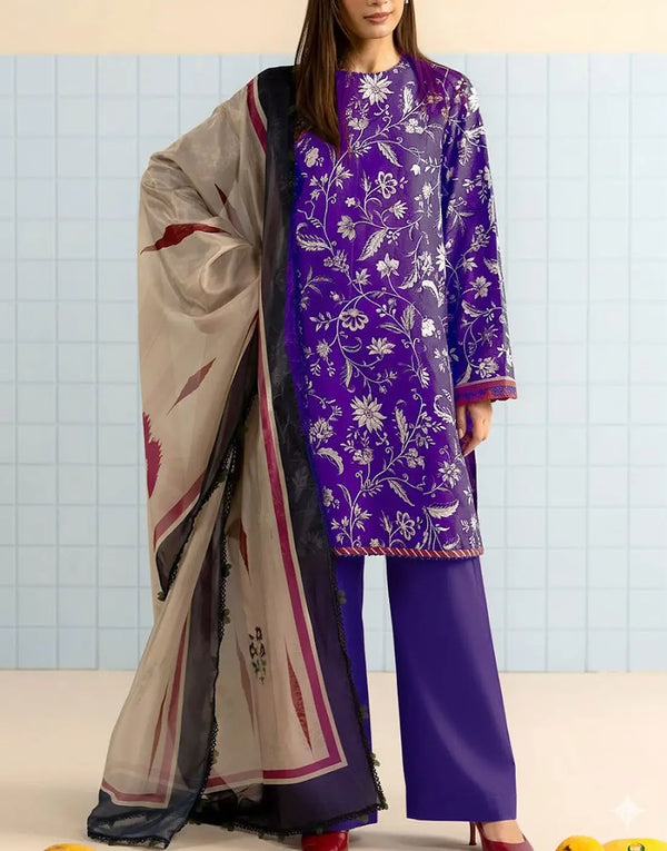 Trendy Digital Print Purple Lawn Dress with Lawn Dupatta