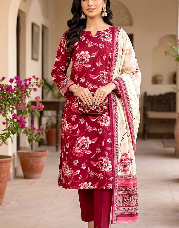 Digital Print 3-Piece Linen Dress with Linen Dupatta
