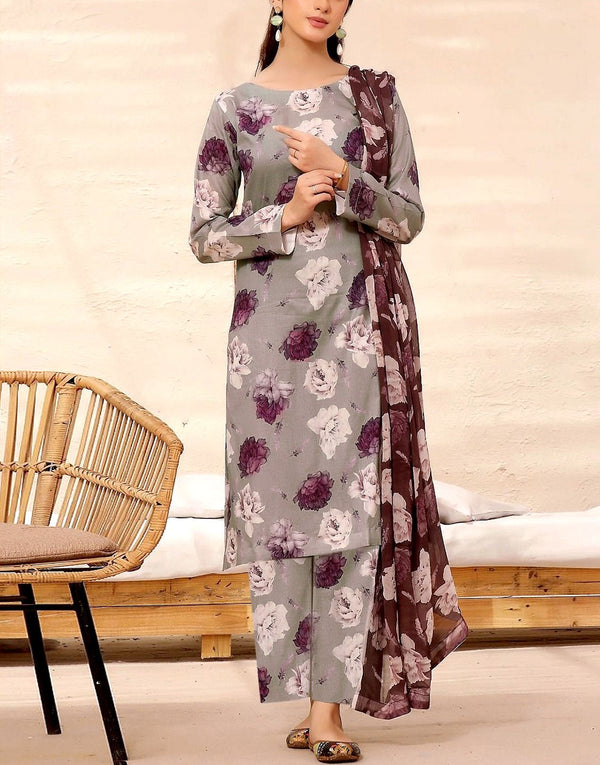 All-Over Digital Print Linen Dress with Linen Dupatta