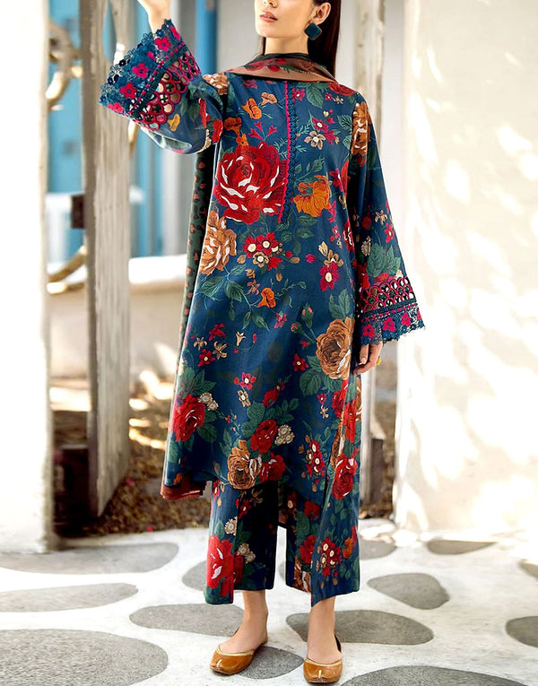 All-Over Digital Print Linen Dress with Linen Dupatta