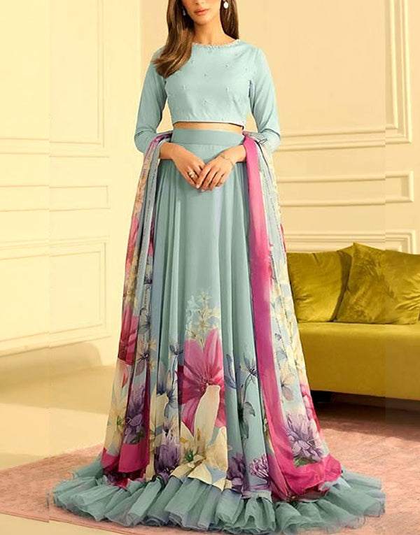 Digital Floral Print Silk Maxi Dress with Printed Silk Dupatta