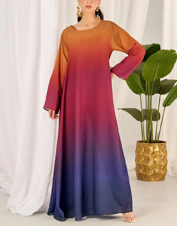Trendy Ombre Style Digital Print Silk Dress for Girls