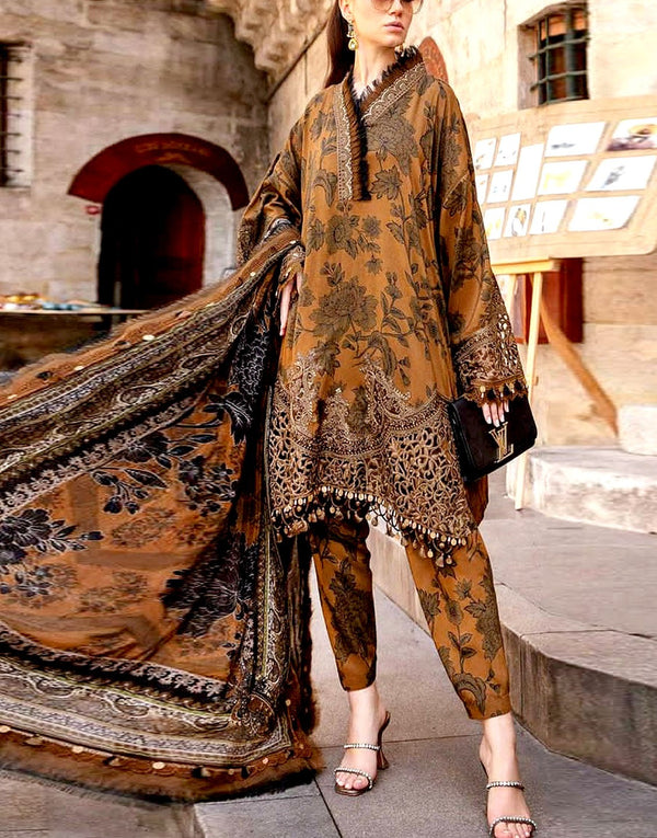 All-Over Print Embroidered Cambric Cotton Dress with Chiffon Dupatta