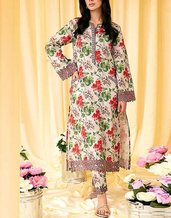 SALE - Digital All-Over Print Embroidered Lawn Suit with Silk Dupatta