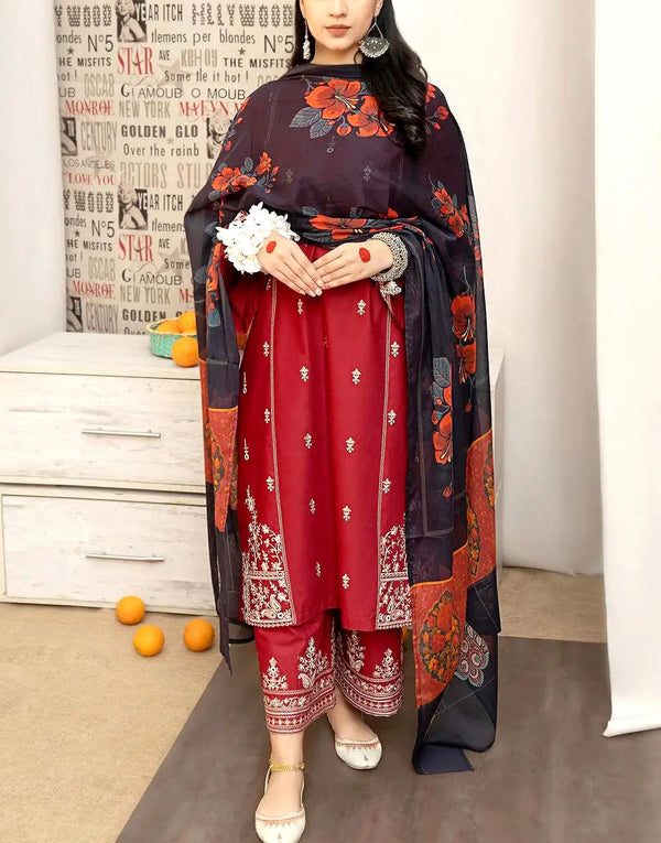 Elegant Embroidered EID Red Lawn Dress with Printed Diamond Dupatta