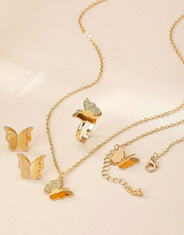 4-Piece Butterfly Jewelry Set with Bracelet, Earring, Necklace and Ring