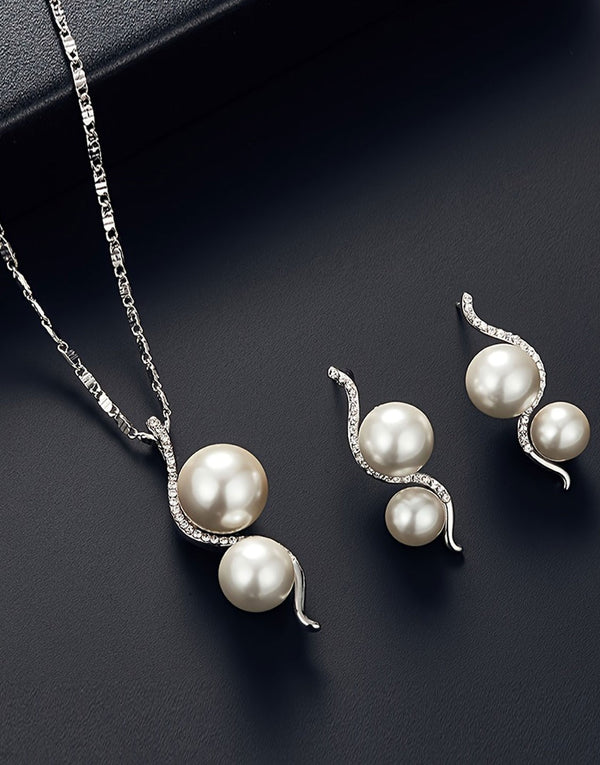 Elegant Faux Pearl Pendant Necklace & Earrings Set for Girls