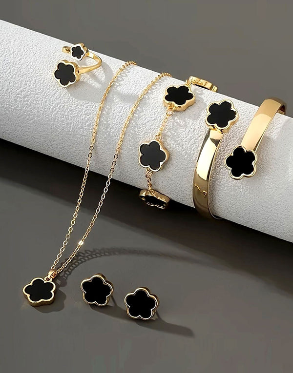 5-Piece Black Five Leaf Clover Design Jewelry Set includes Bracelet, Earrings, Kara, Necklace & Ring