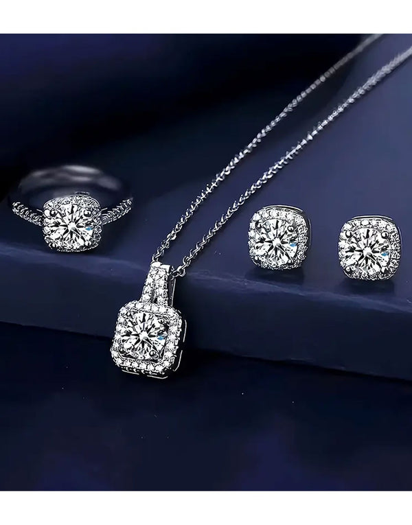 Elegant 3-Piece Silver Pendant Necklace Set with Ring, Earrings