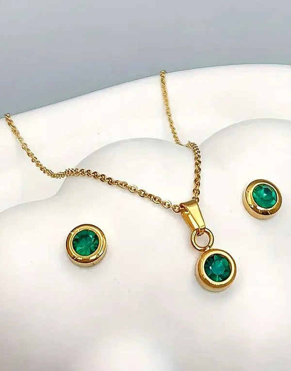 Stylish Bottle Green Color Zirconia Earrings & Necklace Set - Perfect as a Gift for All